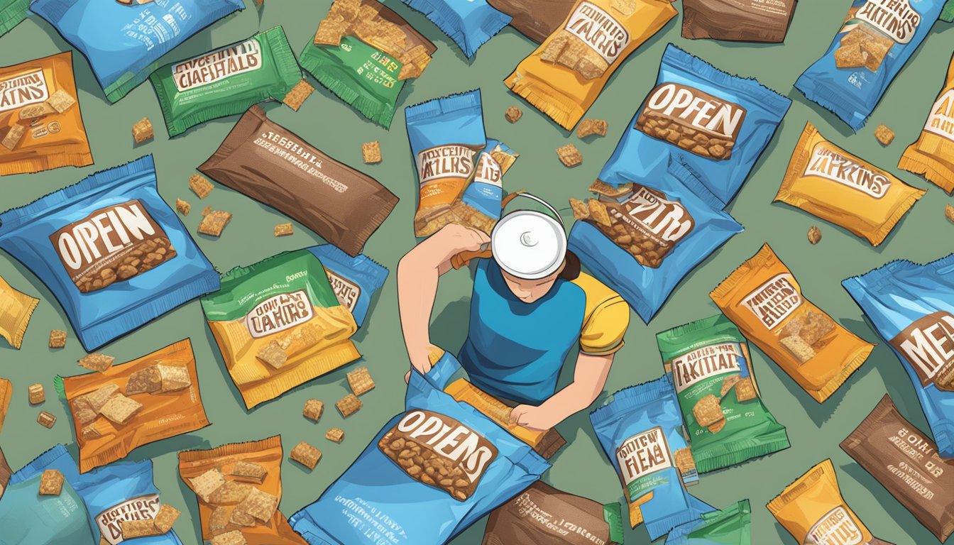 A table scattered with open Atkins meal bars, some half-eaten. A person looks overwhelmed, surrounded by empty wrappers