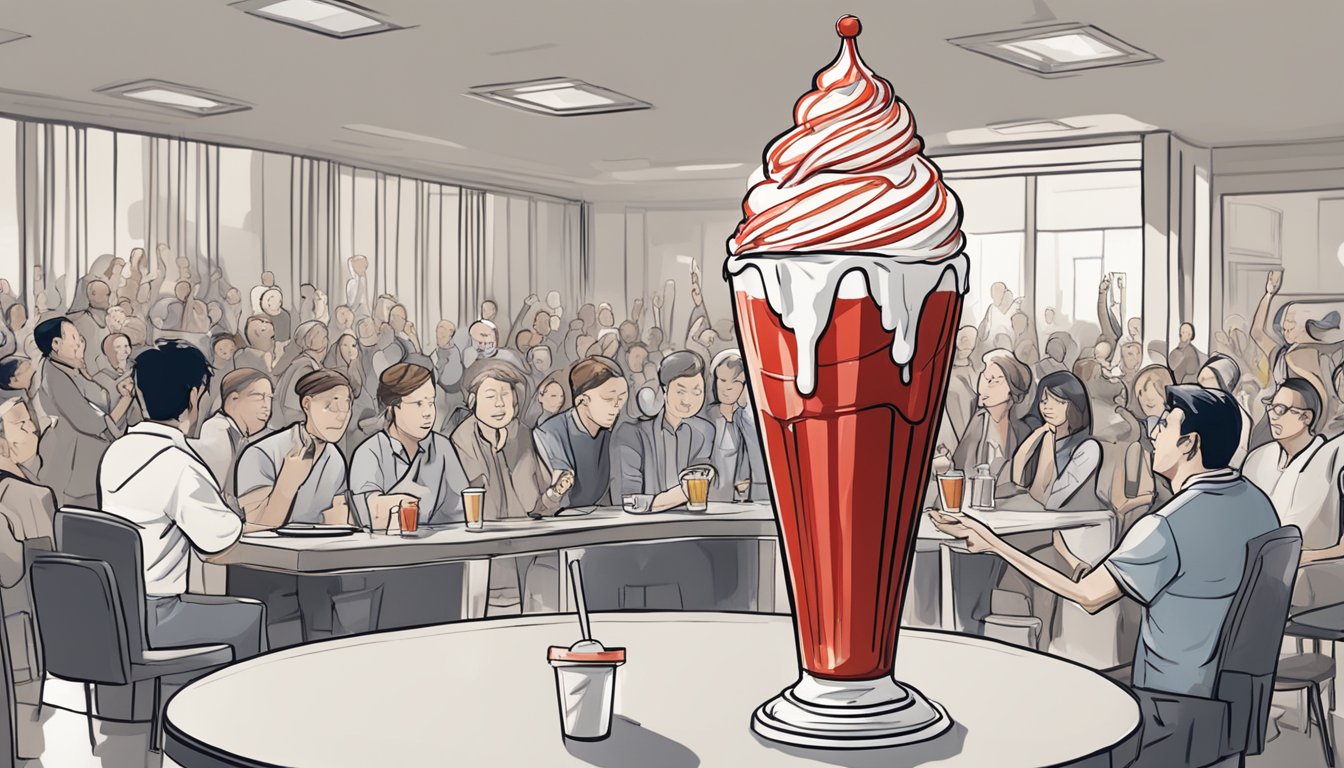 A towering sundae with dripping red syrup stands on a table surrounded by cheering onlookers