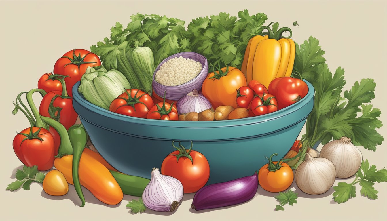 A colorful array of New Mexico food ingredients arranged around a large mixing bowl, including tomatoes, onions, peppers, and cilantro