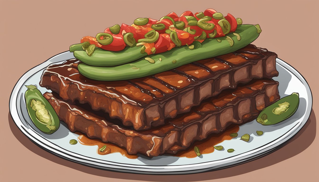 A towering stack of BBQ ribs, brisket, and sausage, topped with fiery green chiles and smothered in red and green chile sauce