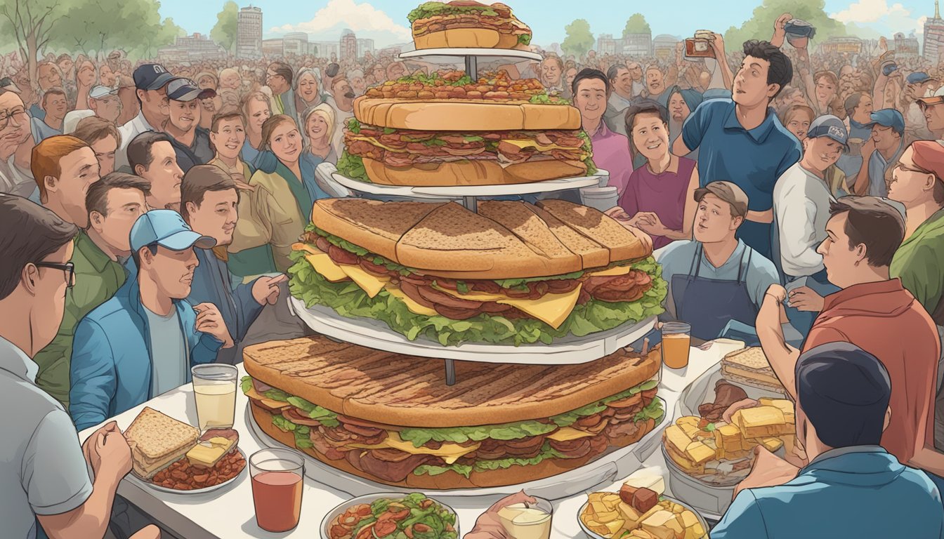 A towering sandwich overflowing with meats, cheeses, and toppings, surrounded by onlookers at a bustling food challenge event