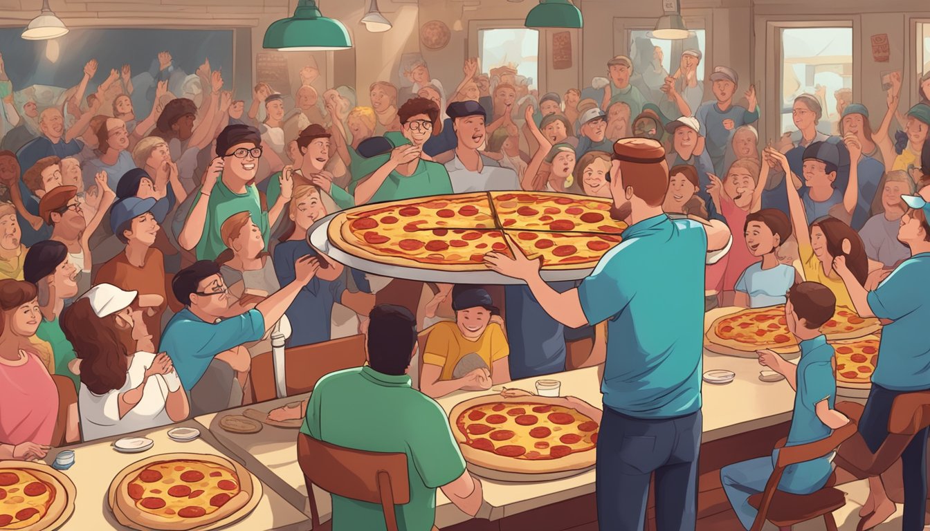 A crowded pizzeria, with oversized pizza pies on tables and people cheering on contestants in a pizza pie-eating contest