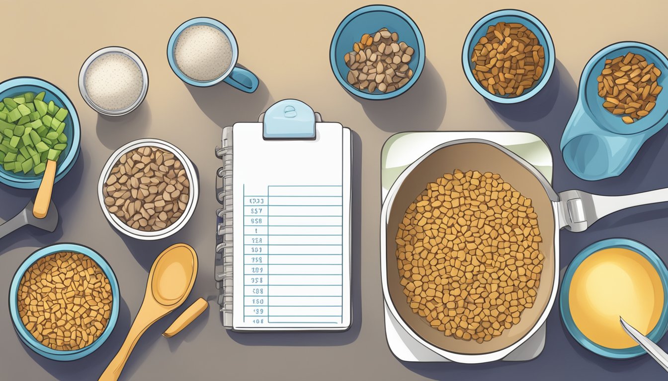 A table with various Atkins low carb meal bars, a measuring cup, and a notepad with calculations