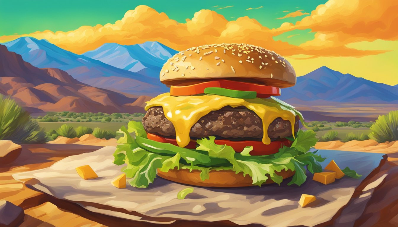 A sizzling green chile cheeseburger towers with melted cheese and spicy sauce, surrounded by the vibrant colors of New Mexico's landscape