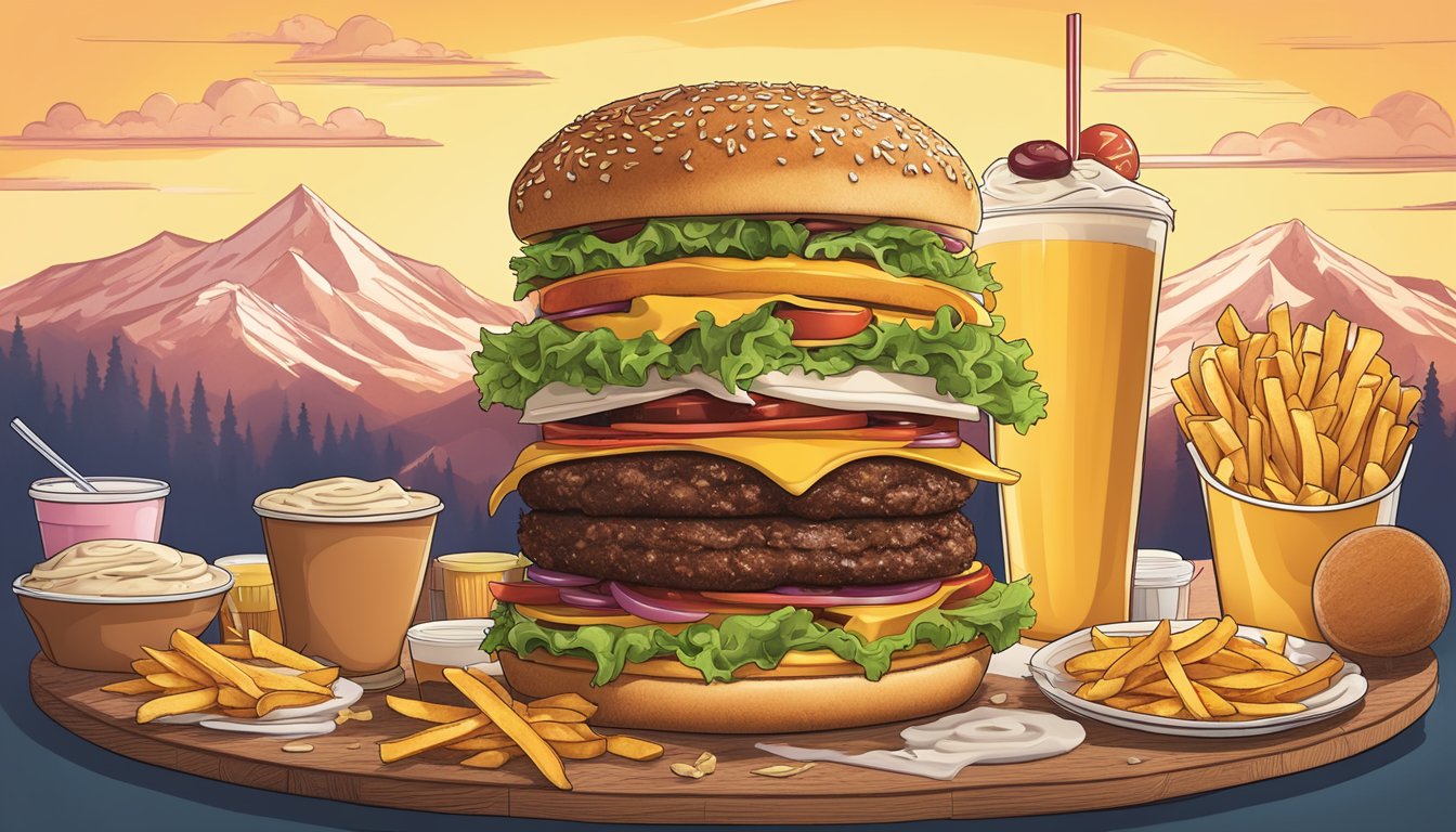 A towering burger with multiple patties, cheese, and toppings, surrounded by a mountain of fries and a large milkshake