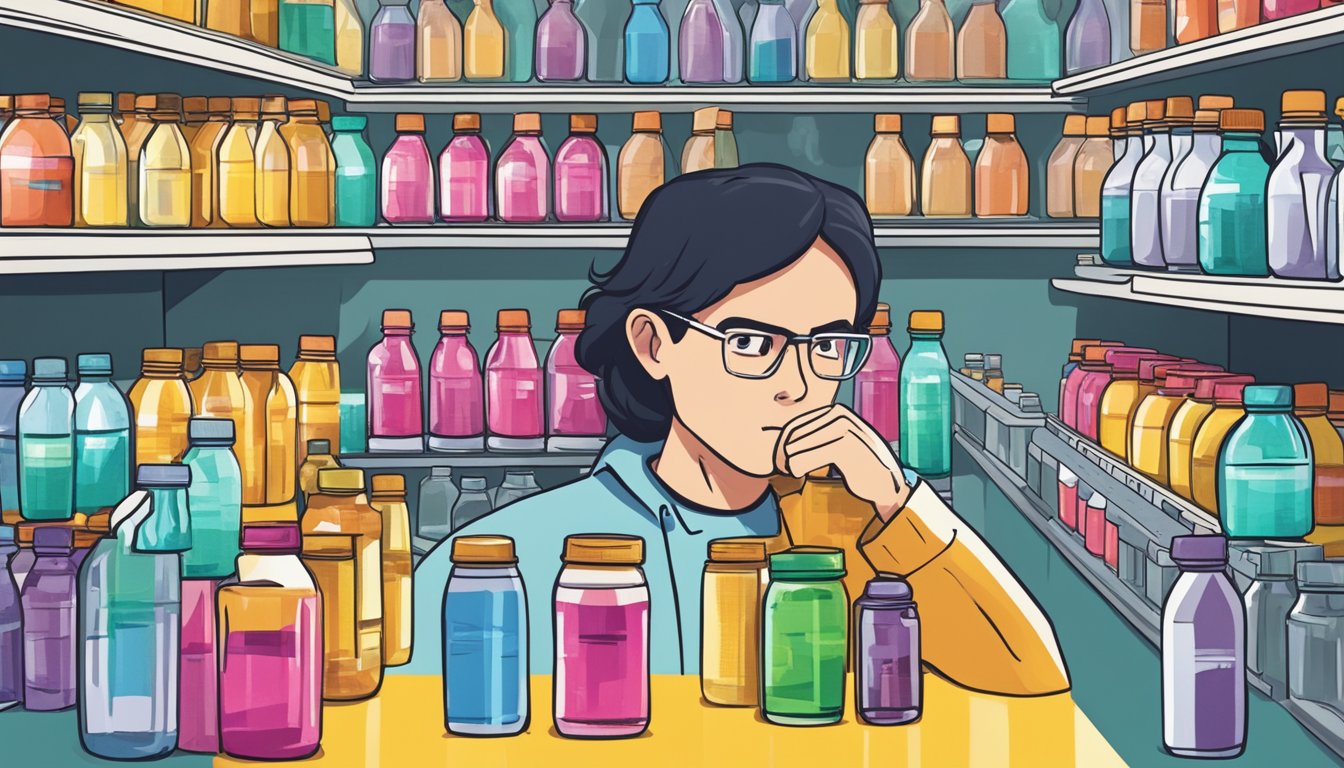 A person surrounded by multiple bottles of vitamin water, with a concerned expression on their face as they try to decide how many bottles to drink in a day