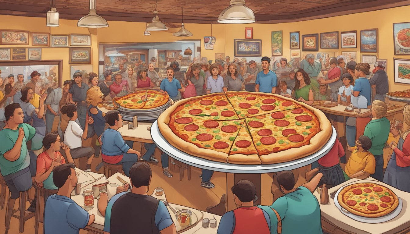 A bustling pizzeria with a giant stuffed pizza challenge on display, surrounded by cheering onlookers and a festive New Mexico decor