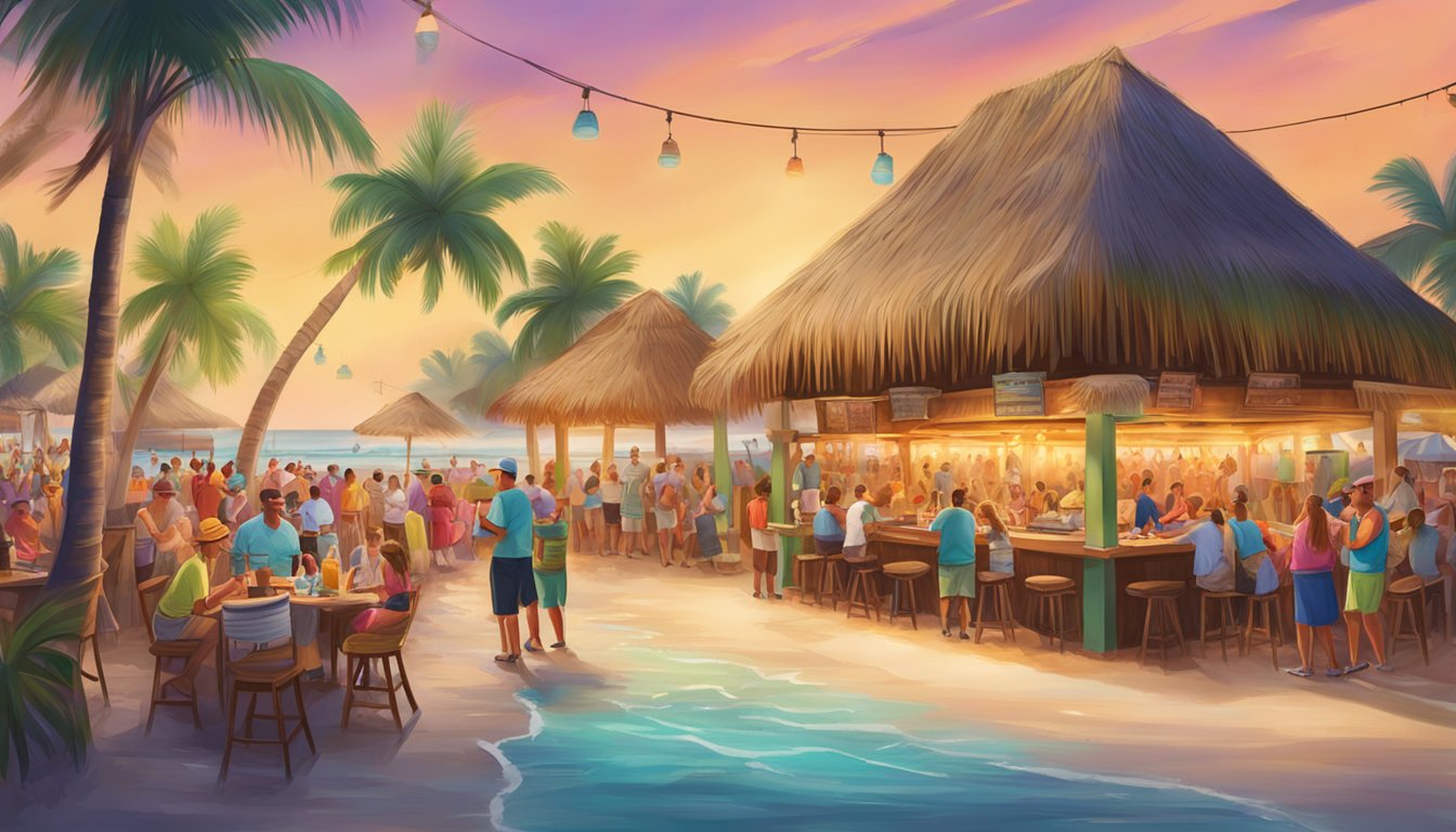 A beachside BBQ challenge with grilling stations, colorful tiki huts, and a lively crowd cheering on contestants at Bahama Breeze