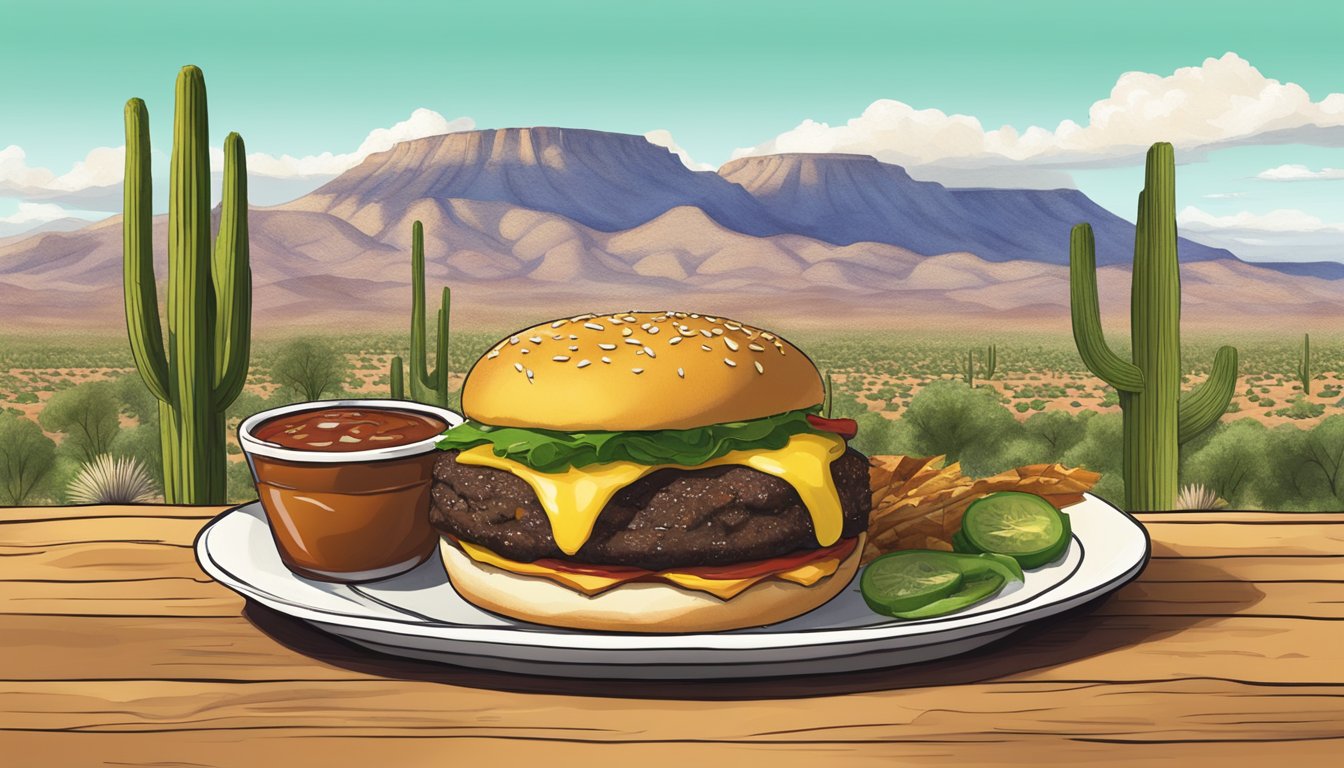 A massive cheeseburger topped with green chile and served with a side of BBQ sauce, surrounded by a southwestern decor and New Mexico landscape