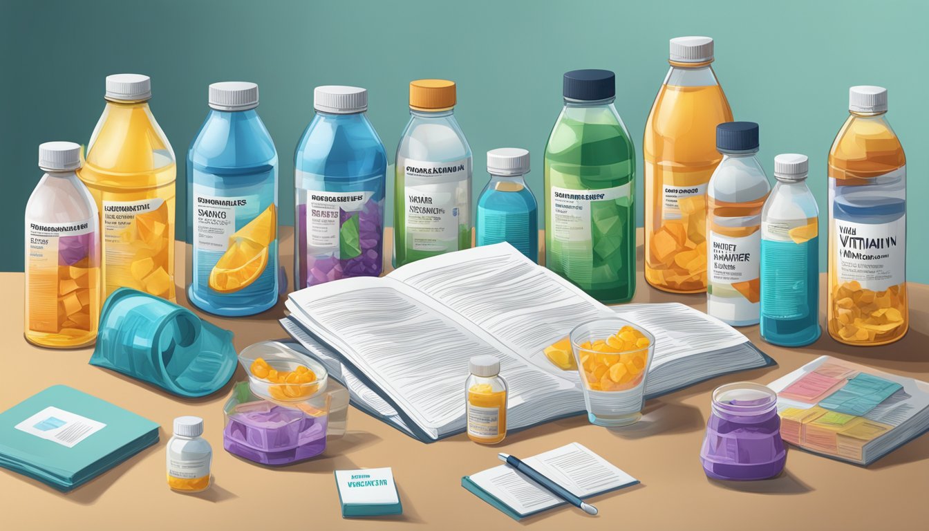 A cluttered table with multiple empty and half-full bottles of vitamin water, surrounded by medical literature and a concerned individual on the phone with a doctor