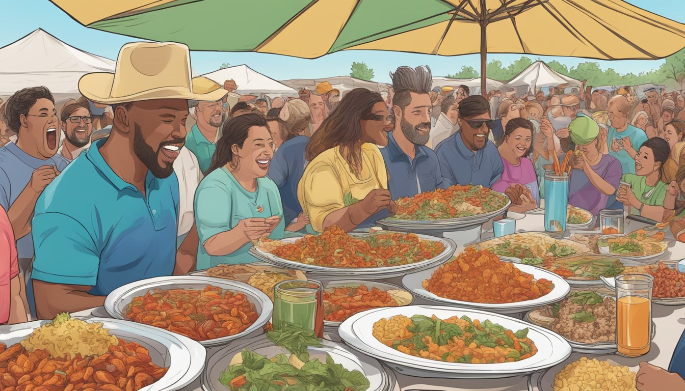 A table filled with towering plates of New Mexico's spiciest dishes, surrounded by cheering onlookers at a food challenge event