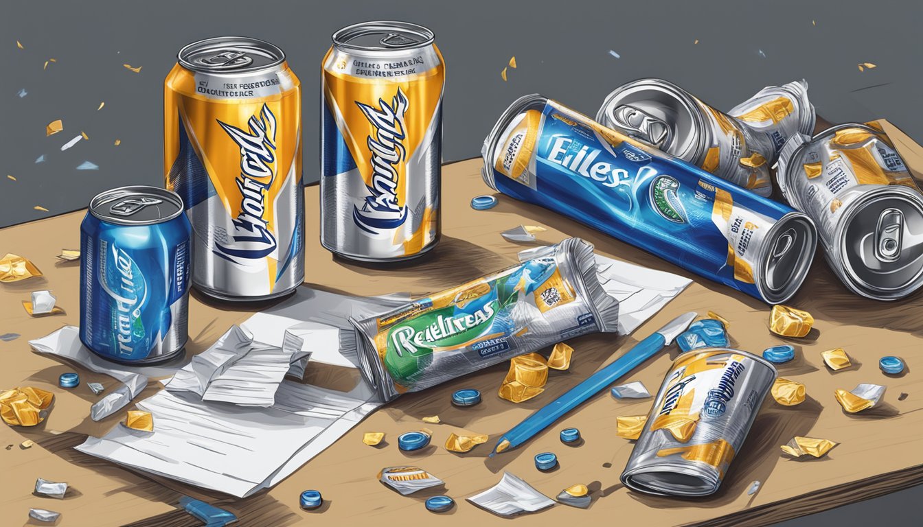 A cluttered desk with multiple empty cans of Relentless Energy Drink scattered around, alongside a crumpled up package and a half-filled glass