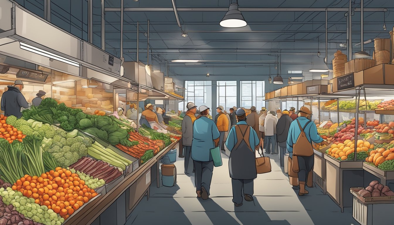 A bustling New York food market with vendors displaying fresh produce and meats, while health inspectors monitor compliance with food safety regulations