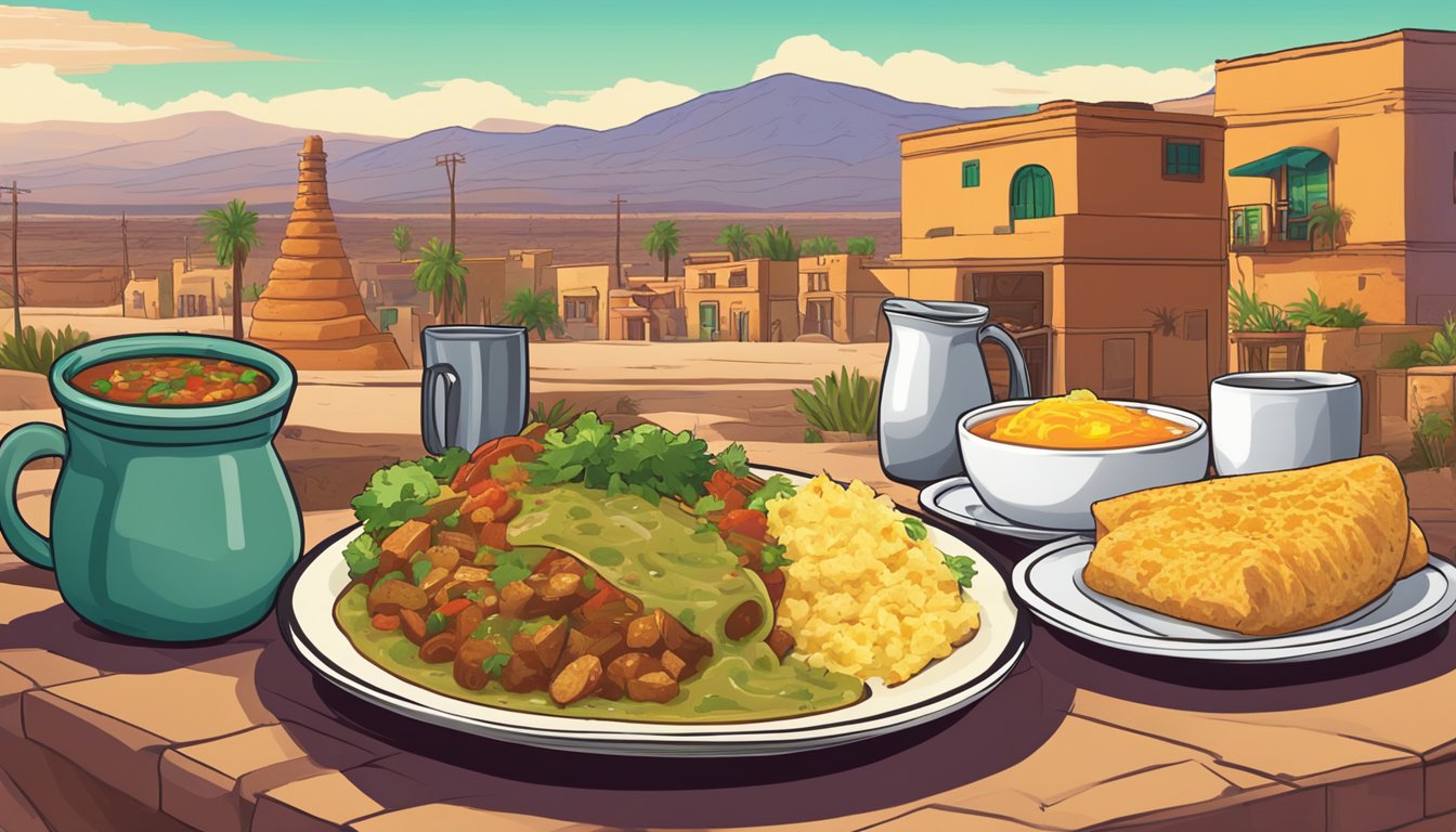 A steaming plate of spicy green chile stew sits next to a towering stack of loaded breakfast burritos, all set against a backdrop of colorful adobe buildings and desert landscape