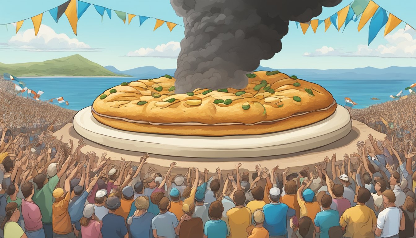 A giant stromboli surrounded by cheering spectators, with a timer and a scale nearby