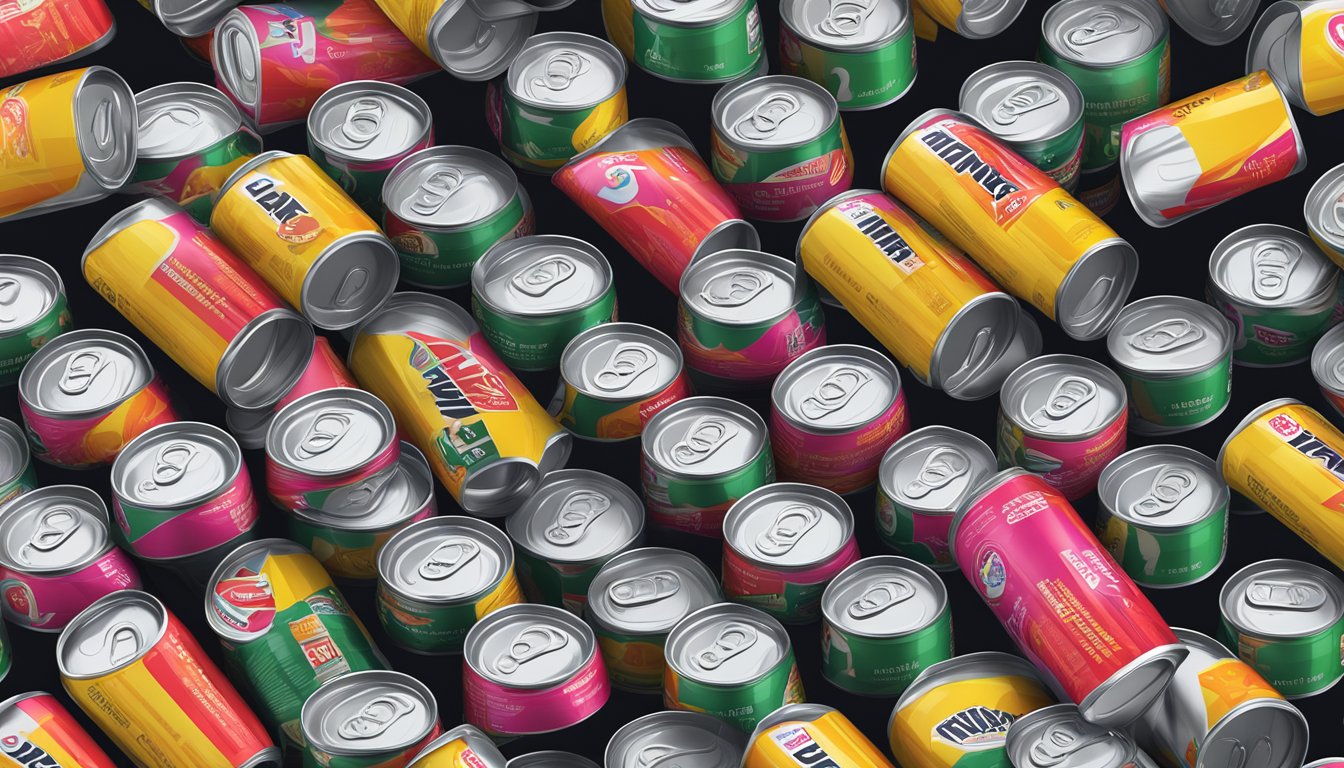 A towering stack of empty energy drink cans, with a warning label and a question mark hovering above them