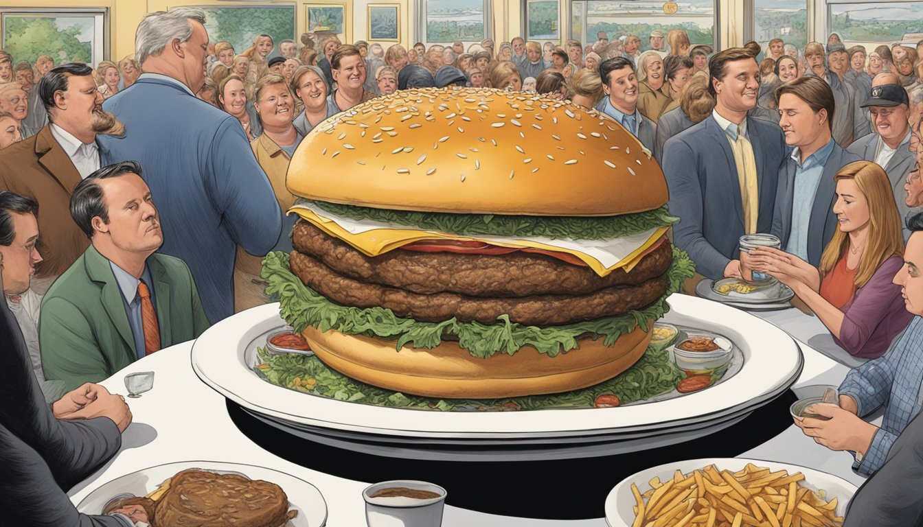 A massive 12-pound burger sits atop a large plate, surrounded by a crowd of onlookers in a bustling New Hampshire restaurant