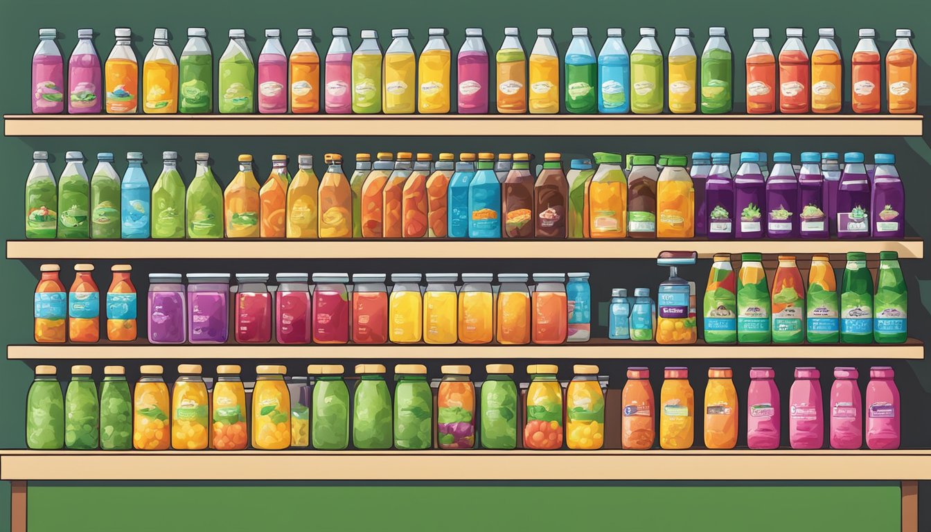 A colorful array of fruit and vegetable juices, sparkling waters, and herbal teas displayed on a shelf, with a single bottle of Vitamin Water standing out