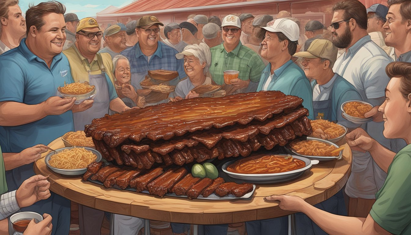 A towering platter of saucy ribs surrounded by onlookers at Big Ed's BBQ