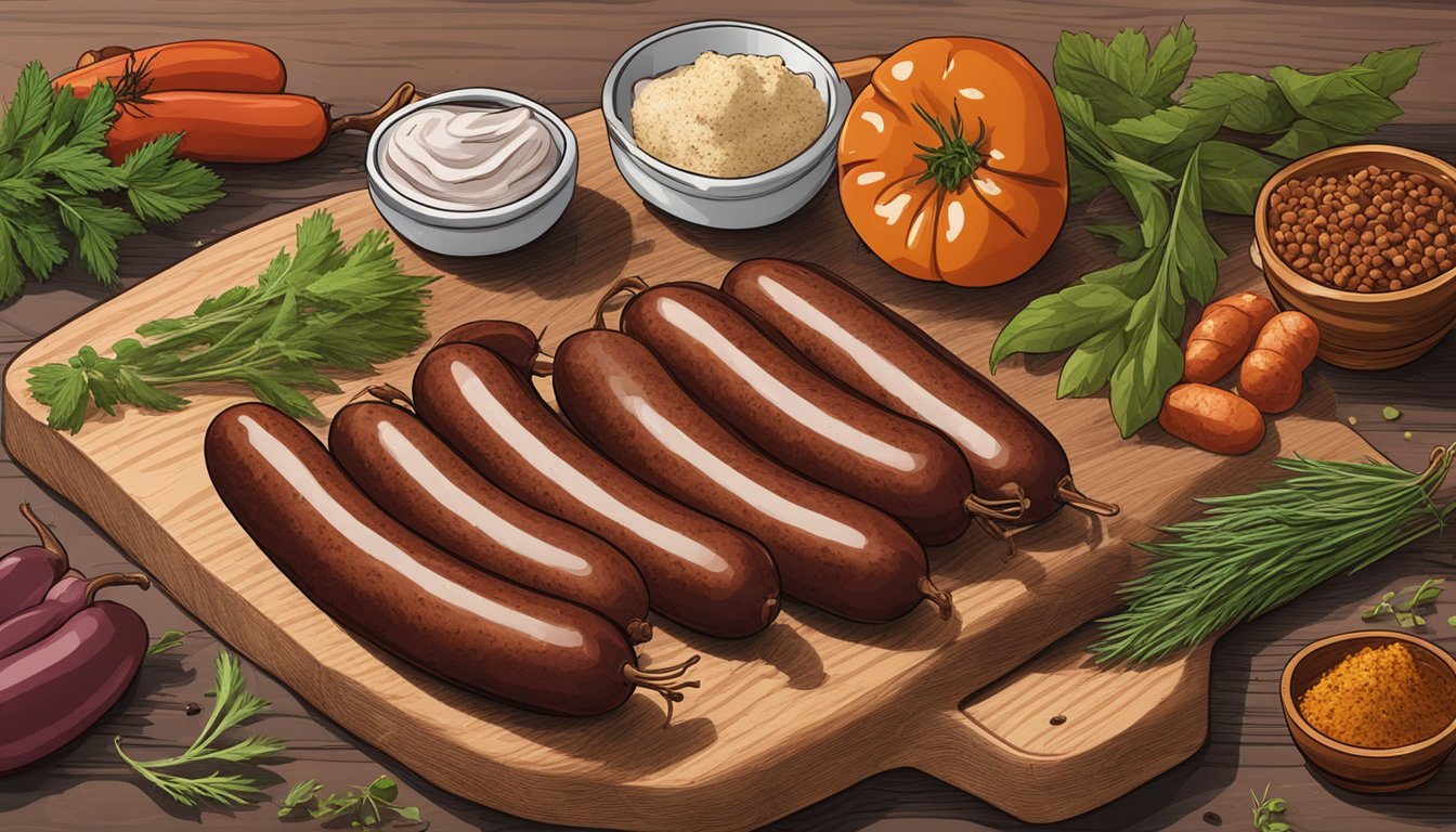 A pile of Duke's Smoked Shorty Sausages on a wooden cutting board, surrounded by scattered herbs and spices