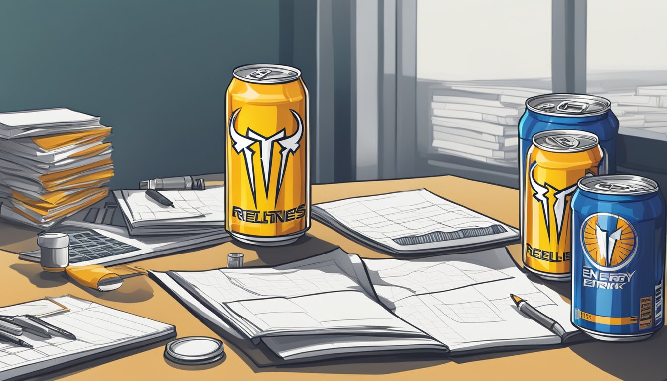 A table with multiple empty cans of Relentless energy drink, surrounded by scattered papers and a calculator