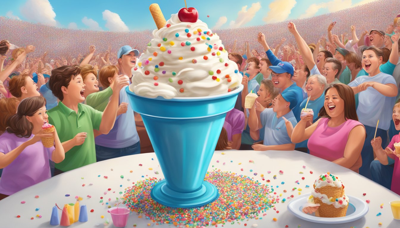 A towering 1-gallon ice cream sundae, adorned with colorful sprinkles, whipped cream, and cherries, sits on a table surrounded by cheering spectators