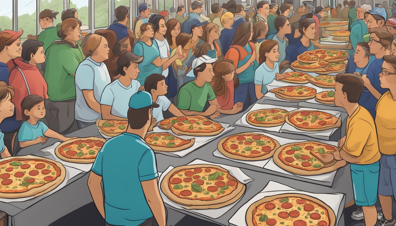 A table lined with various pizzas, surrounded by eager onlookers at the Seacoast Pizza Challenge in New Hampshire