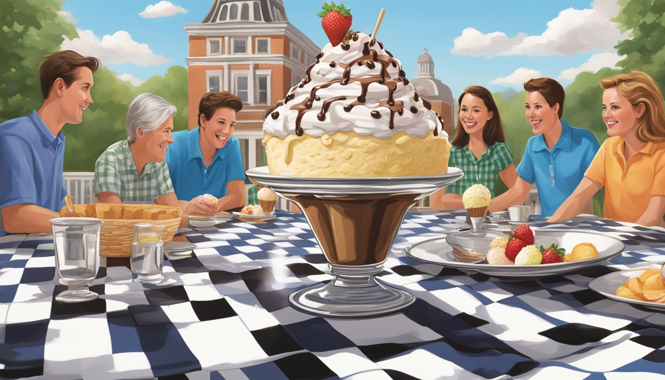 A towering ice cream sundae with New Hampshire-themed toppings sits on a checkered tablecloth, surrounded by eager onlookers