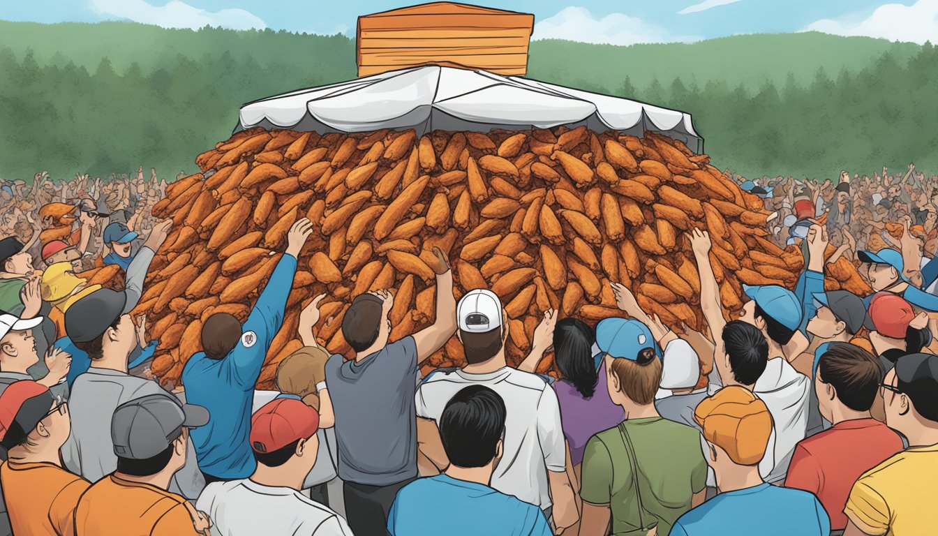 A towering mountain of spicy chicken wings surrounded by cheering onlookers at the Wing-Itz Wing Challenge in New Hampshire