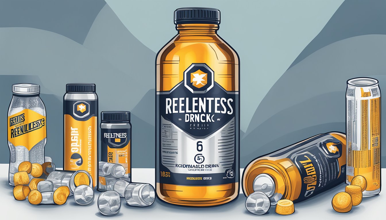 A bottle of Relentless energy drink surrounded by various medication bottles and a chart showing recommended serving sizes