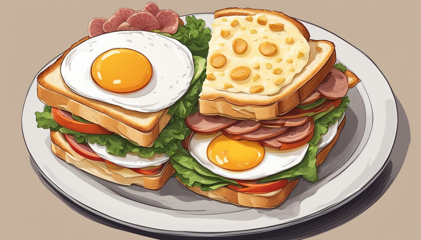 A towering sandwich with layers of meat, cheese, and vegetables, topped with a fried egg, served on a massive plate