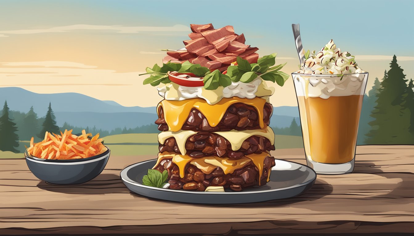 A towering BBQ parfait with layers of smoked meat, beans, and coleslaw topped with a drizzle of tangy sauce, served in a rustic New Hampshire setting