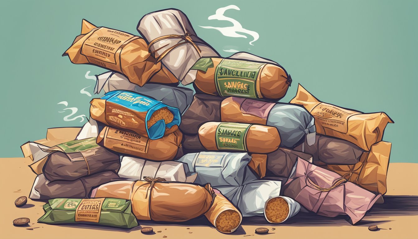 A pile of empty shorty sausage packages surrounds a smoking duke