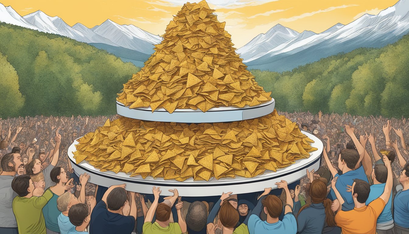 A mountain of nachos cascading down from a giant plate, surrounded by cheering onlookers at Murphy's Taproom in New Hampshire