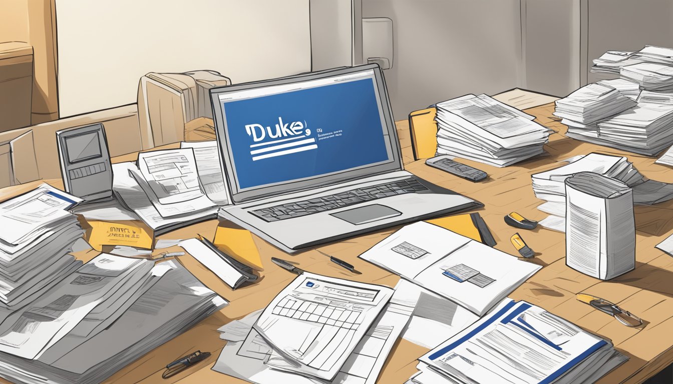 A table with empty shorty sausage packages scattered around, a stack of papers with data, and a computer screen displaying Duke's website