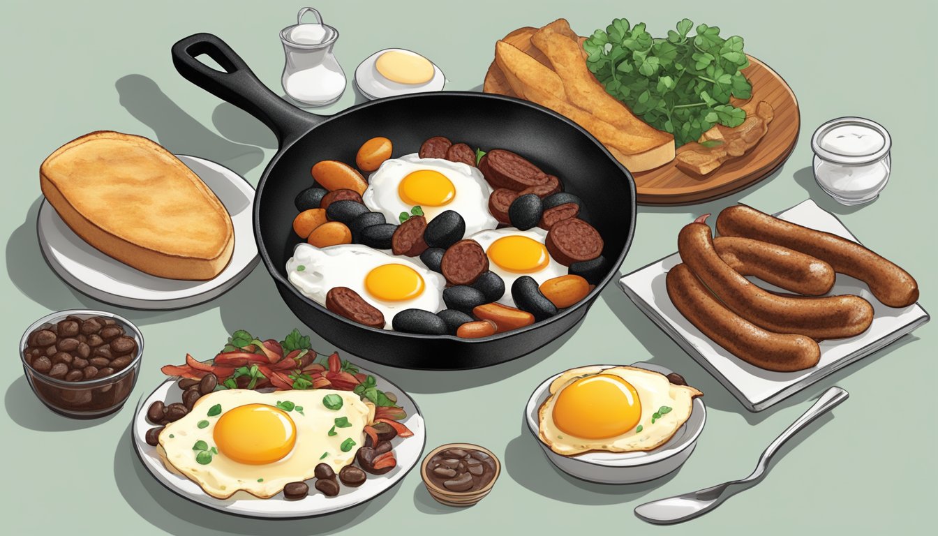 A sizzling skillet holds a hearty Irish Fry-Up, complete with eggs, sausage, bacon, black pudding, and beans, ready for the New Hampshire food challenge