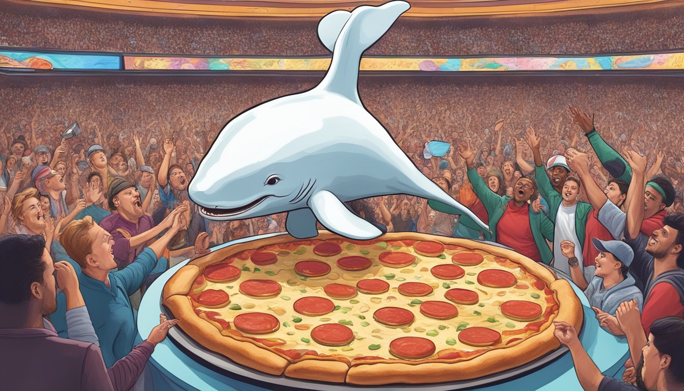 A massive pizza topped with a white whale-shaped cheese at Slice of Vegas, surrounded by cheering spectators