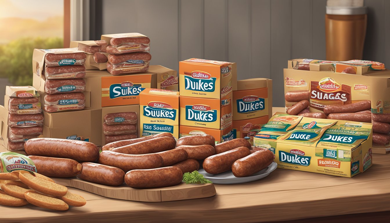 A table covered in empty shorty sausage packages, with a stack of dukes brand sausages nearby