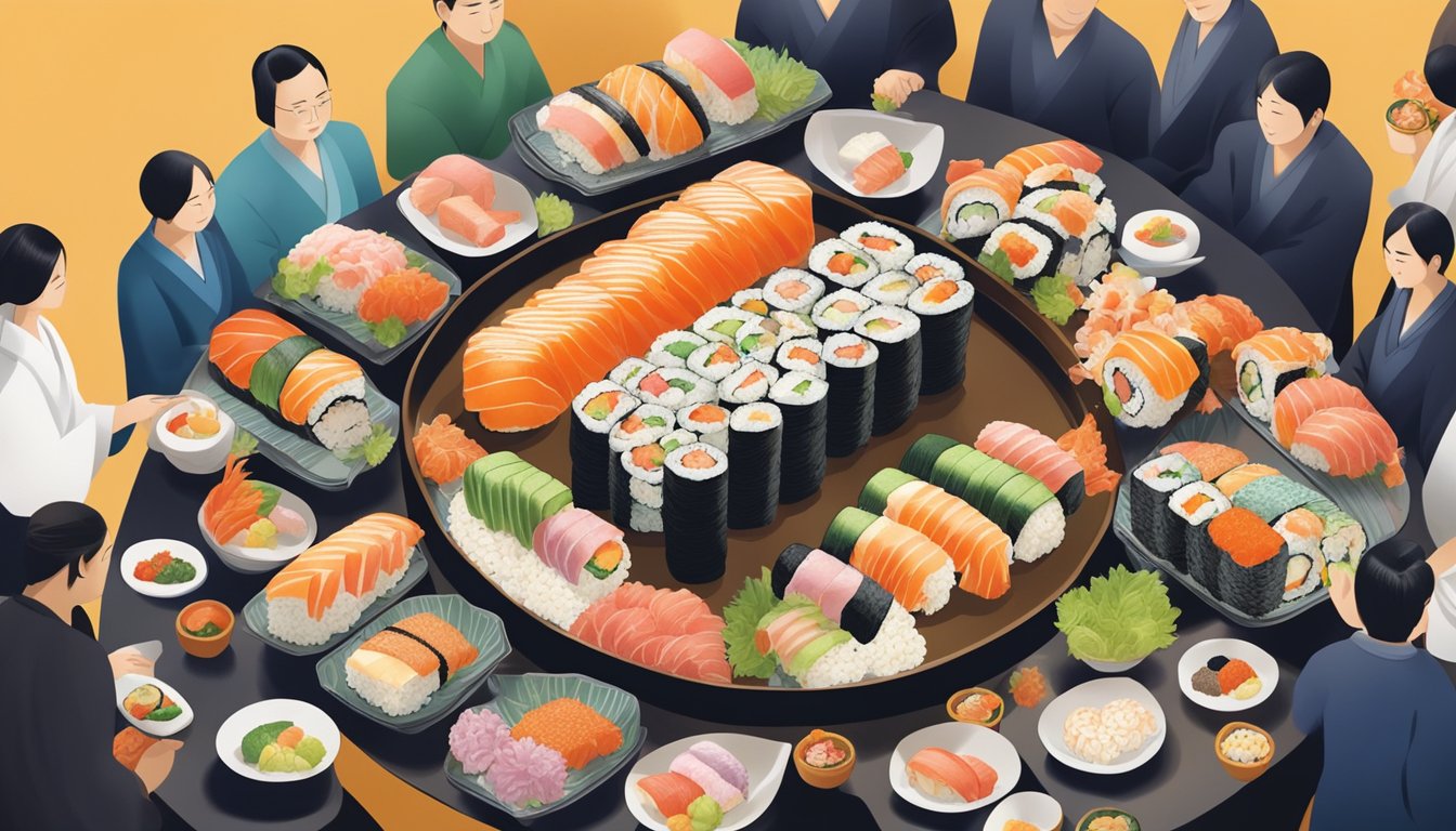 A towering platter of colorful and intricately rolled sushi, surrounded by a crowd of onlookers at Kabuki Japanese Restaurant