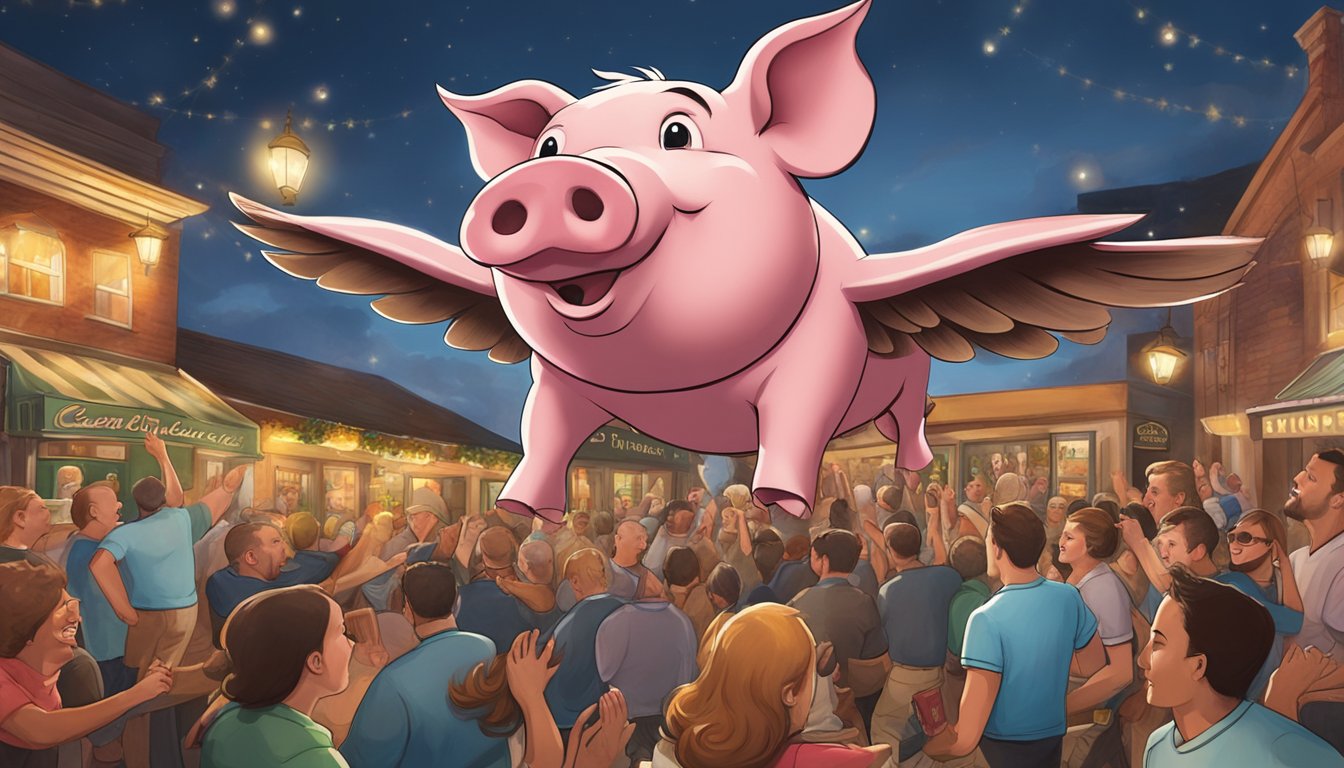 A pig with wings flying over Cunningham's Pub and Grill, surrounded by cheering onlookers