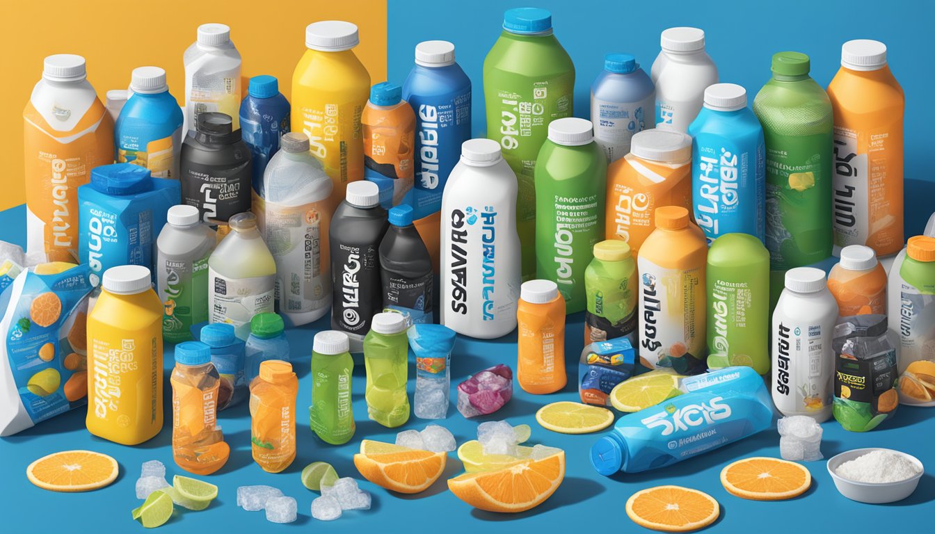 A table with multiple bottles of Skratch Labs sport hydration, some empty, some partially full, and others unopened, surrounded by various other sports drink brands