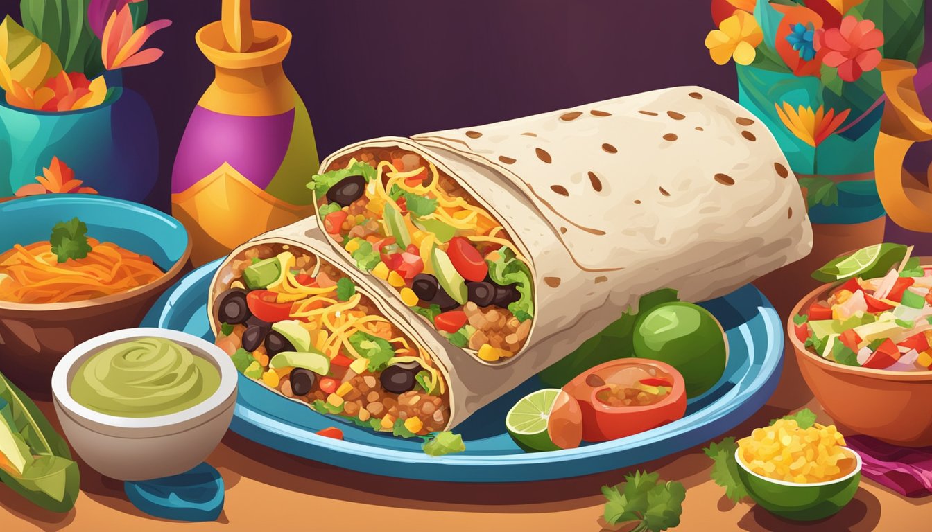 A massive burrito overflowing with various ingredients sits on a plate, surrounded by colorful Mexican decor in a lively restaurant setting