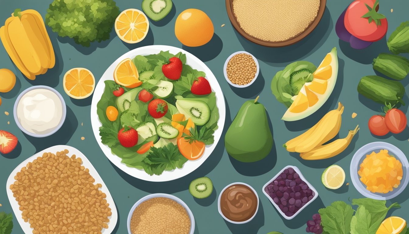 A table with various healthy food options, including fruits, vegetables, whole grains, and lean proteins. A small portion of burnt food is shown to the side