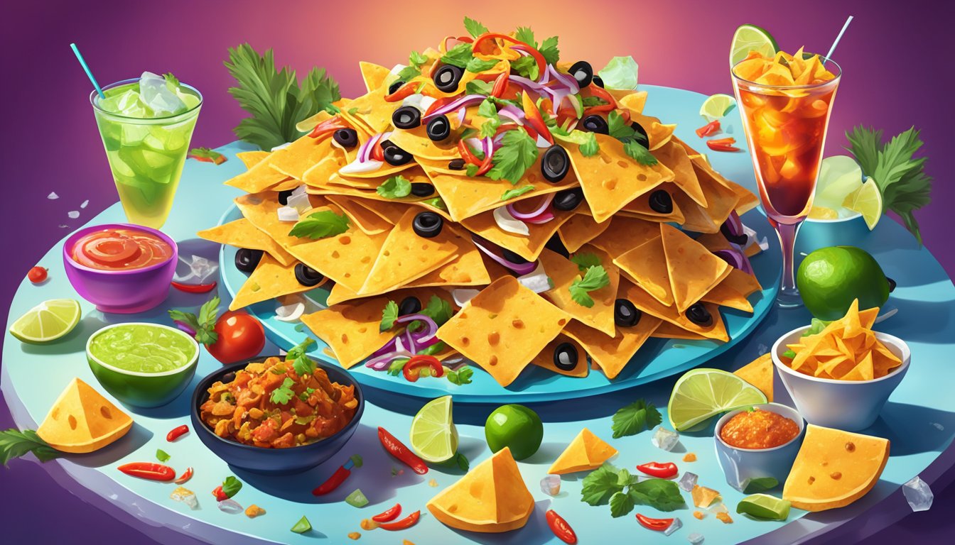 A towering pile of nachos topped with assorted spicy ingredients, surrounded by icy cocktails in a vibrant restaurant setting