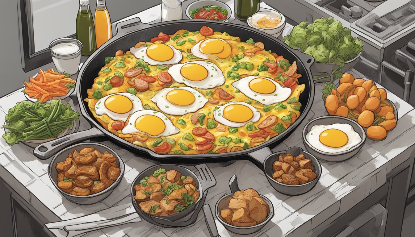 A dozen eggs, various meats, and vegetables piled high in a sizzling skillet at Jimmy's Egg, representing the 12-egg Omnivore Omelet challenge in Nebraska