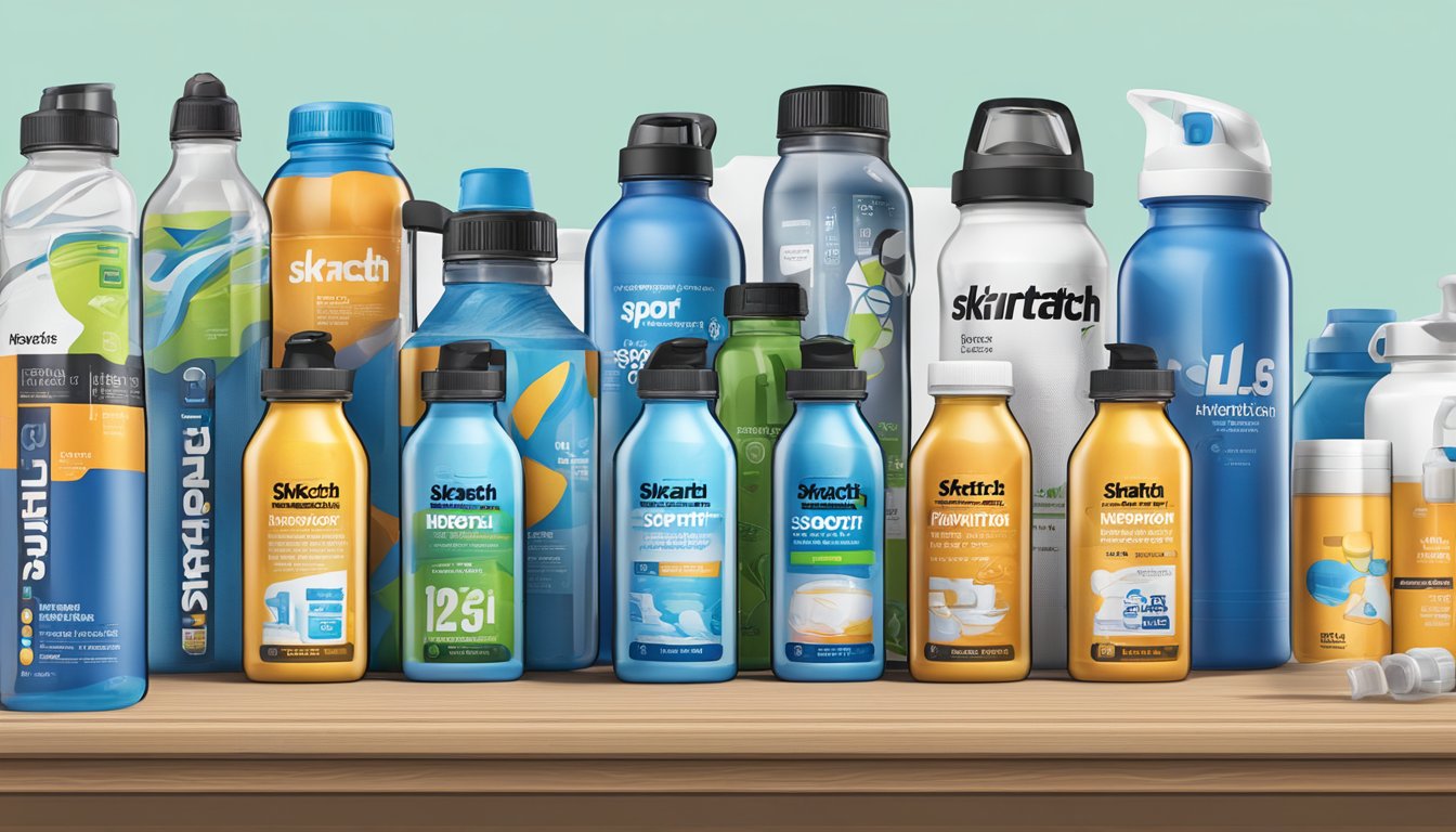 A table with multiple bottles of Skratch Labs Sport Hydration, some partially empty, others unopened