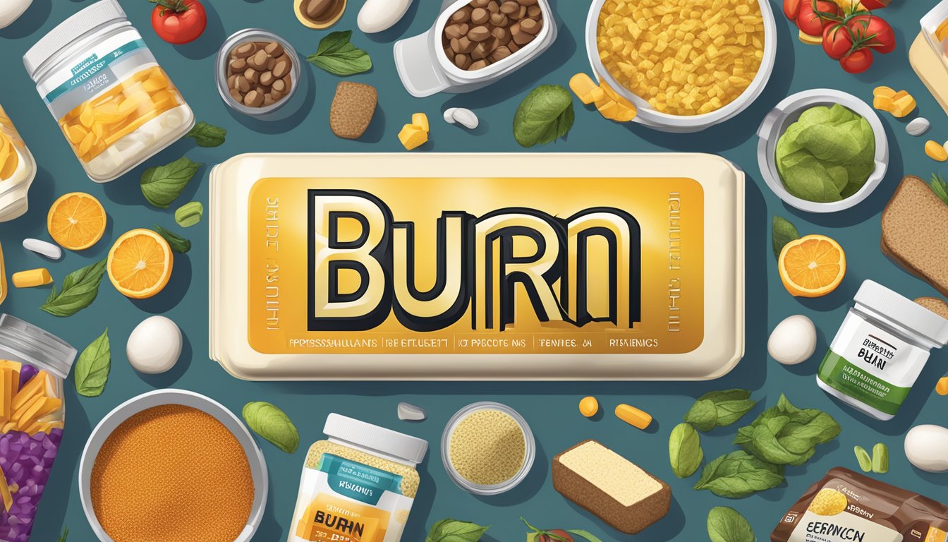 A table filled with various supplements and enhanced foods, with multiple servings of a product labeled "burn" stacked in the center