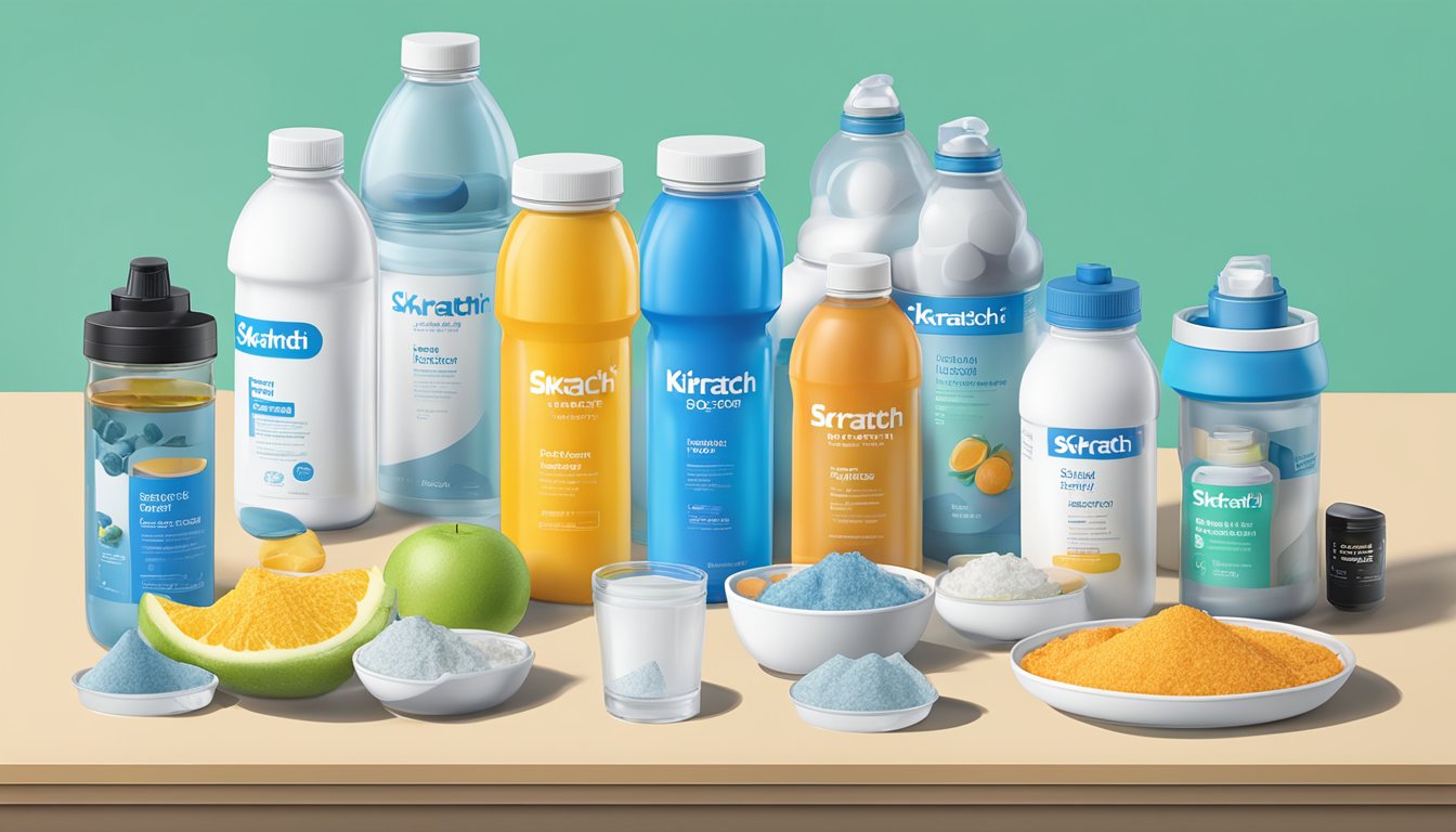 A table with multiple bottles of Skratch Labs Sport Hydration, some partially empty, and a variety of dietary restriction symbols displayed nearby