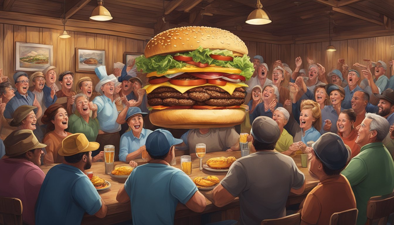 A towering burger surrounded by cheering spectators in a rustic Montana restaurant