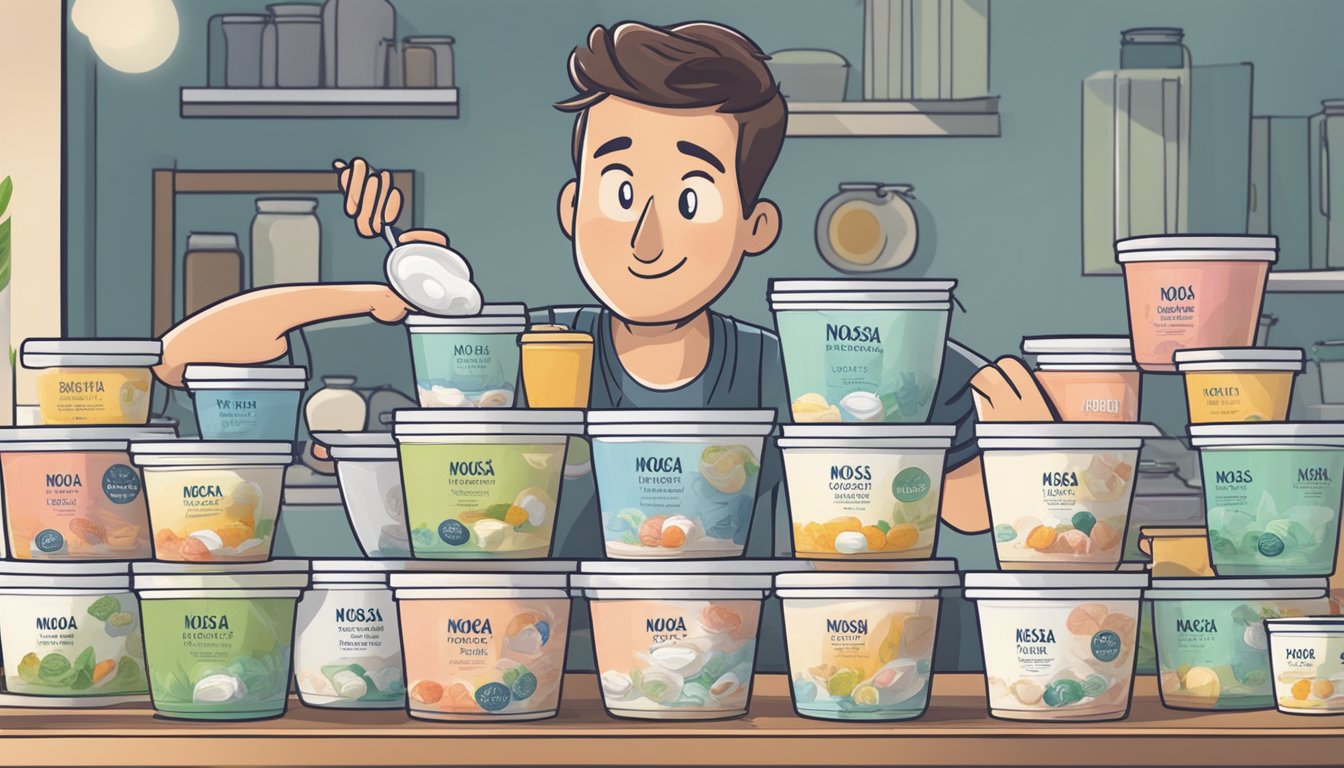 A table with multiple containers of noosa yoghurt, some empty, some half full, and a person looking concerned while holding a spoon